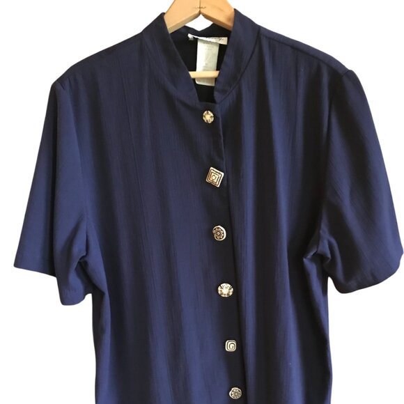 Two Twenty Vintage Rayon Blend Tunic: Dark Blue Blazer, Unique Buttons, Size 18 - Picture 7 of 9